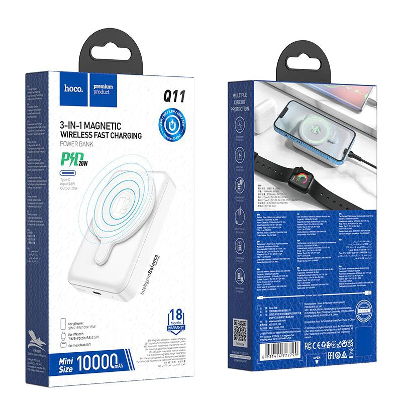 Hoco Q11 20W 10000mAh 3 in 1 Magnetic Wireless Charging Power bank - White