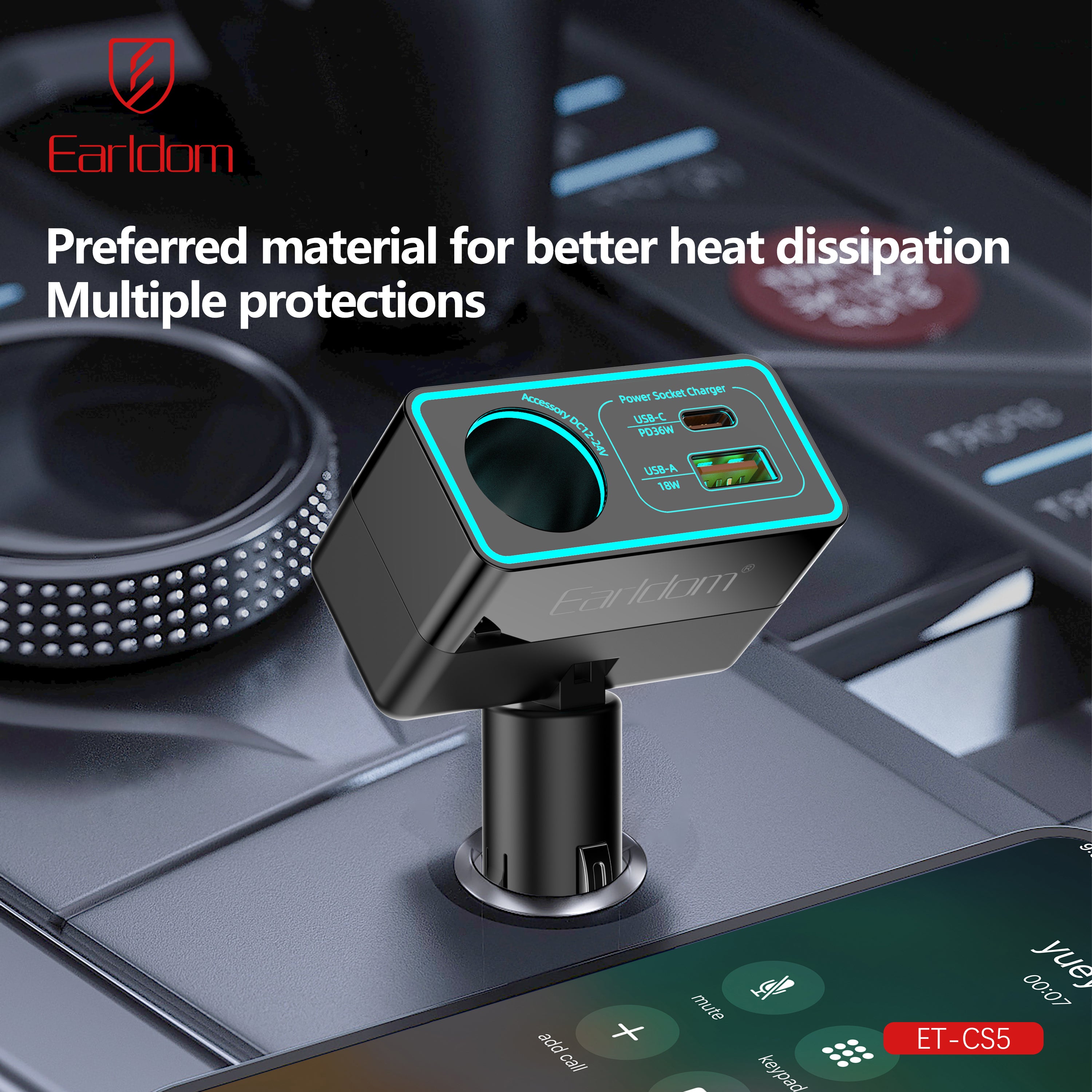 120W USB+PD 36W 1 socket Extended cigarette lighter