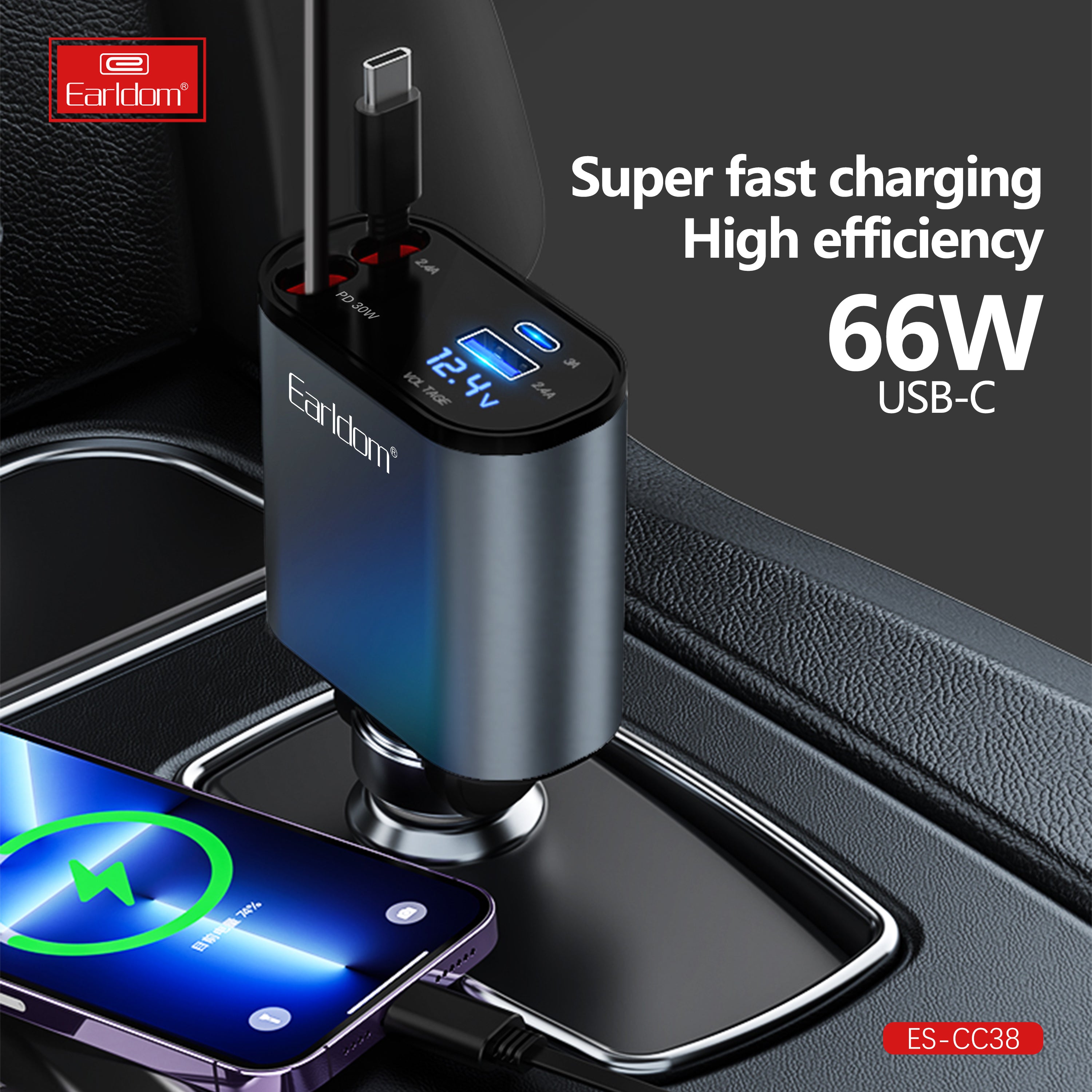 Earldom 63W USB+PD cable 80cm storage ios type-c car charger