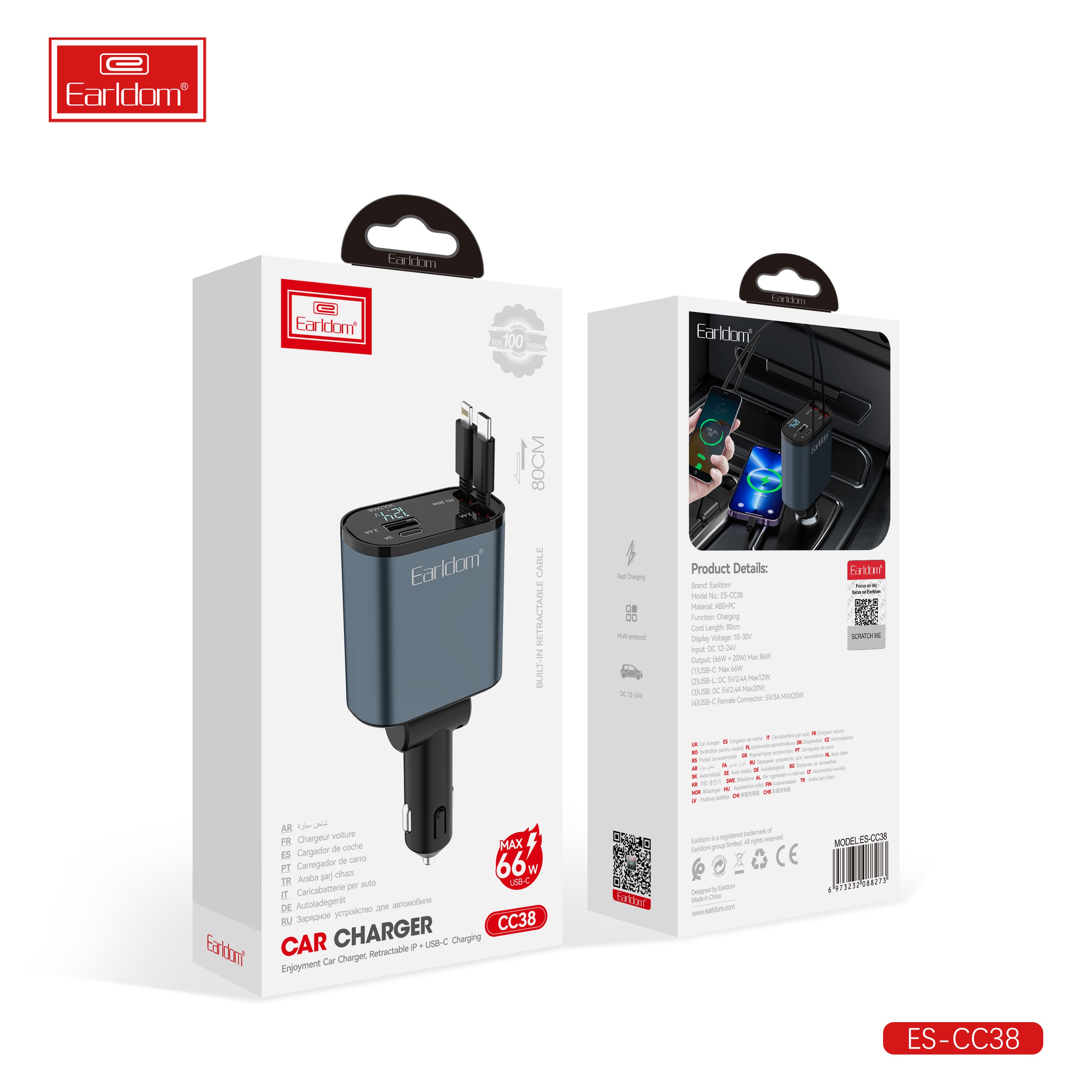 Earldom 63W USB+PD cable 80cm storage ios type-c car charger