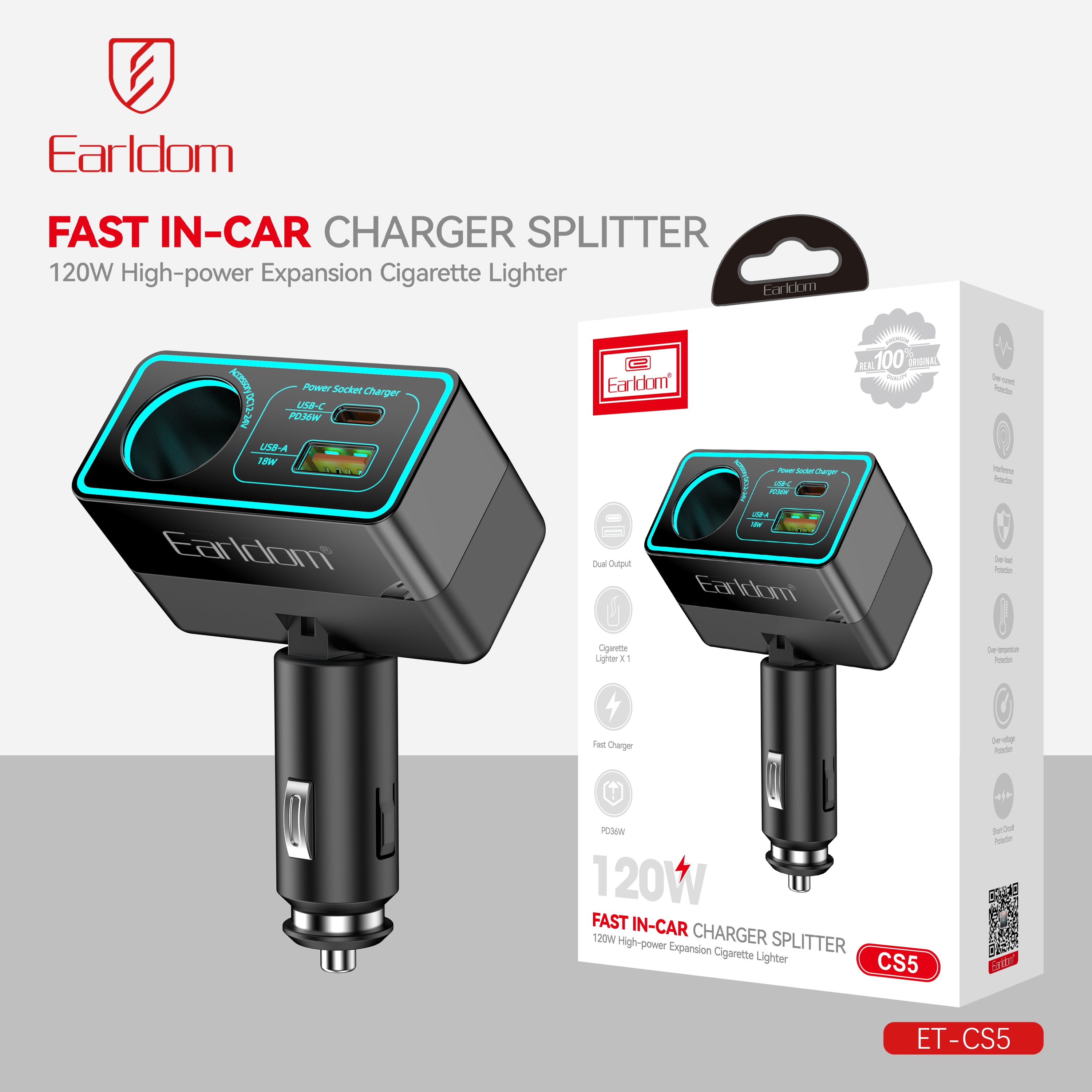 120W USB+PD 36W 1 socket Extended cigarette lighter