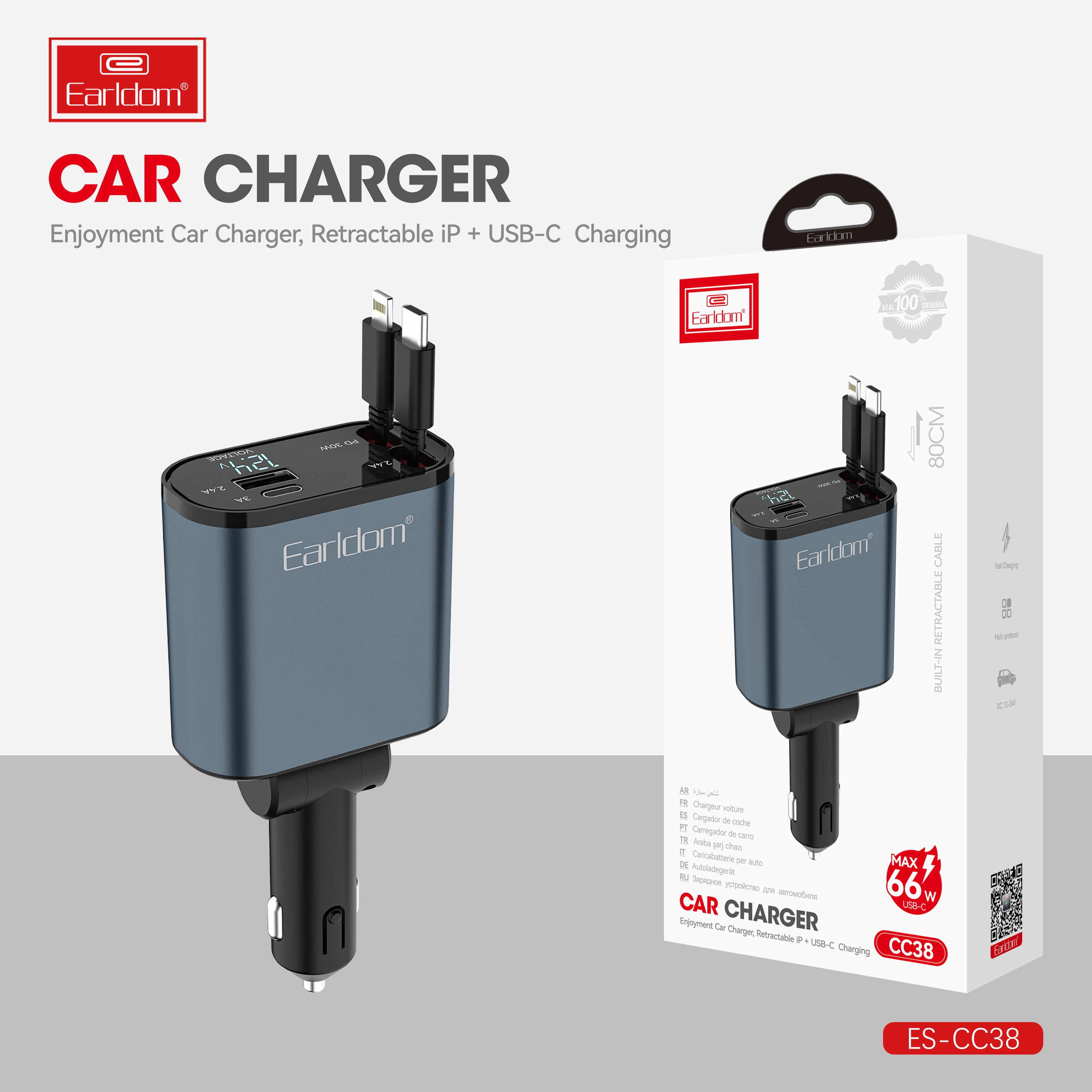Earldom 63W USB+PD cable 80cm storage ios type-c car charger