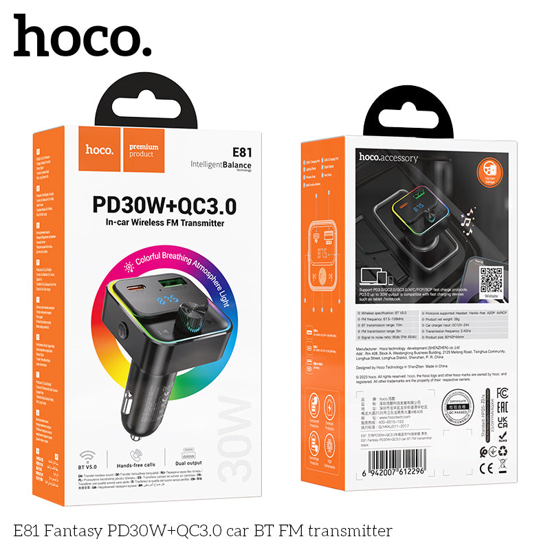 HD_SYNC:E81 Fantasy PD30W+QC3.0 car BT FM transmitter