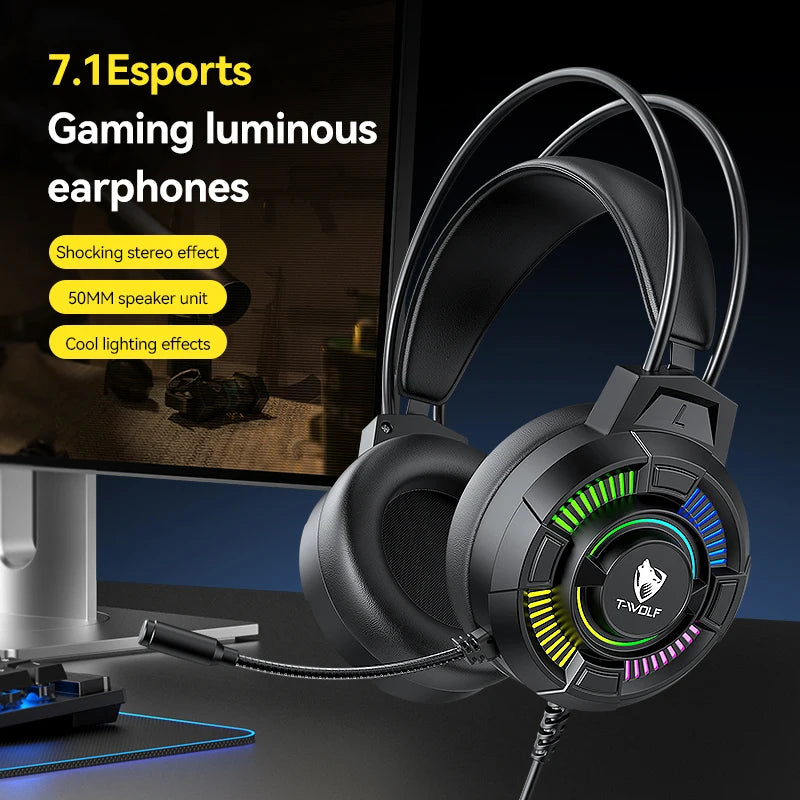 T-WOLF H140 Headphone&Earphone Wired Gaming Glowing on Ear Headphone 7.1 USB Headphone Lighting Headset for Desktop