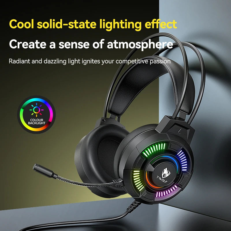 T-WOLF H140 Headphone&Earphone Wired Gaming Glowing on Ear Headphone 7.1 USB Headphone Lighting Headset for Desktop