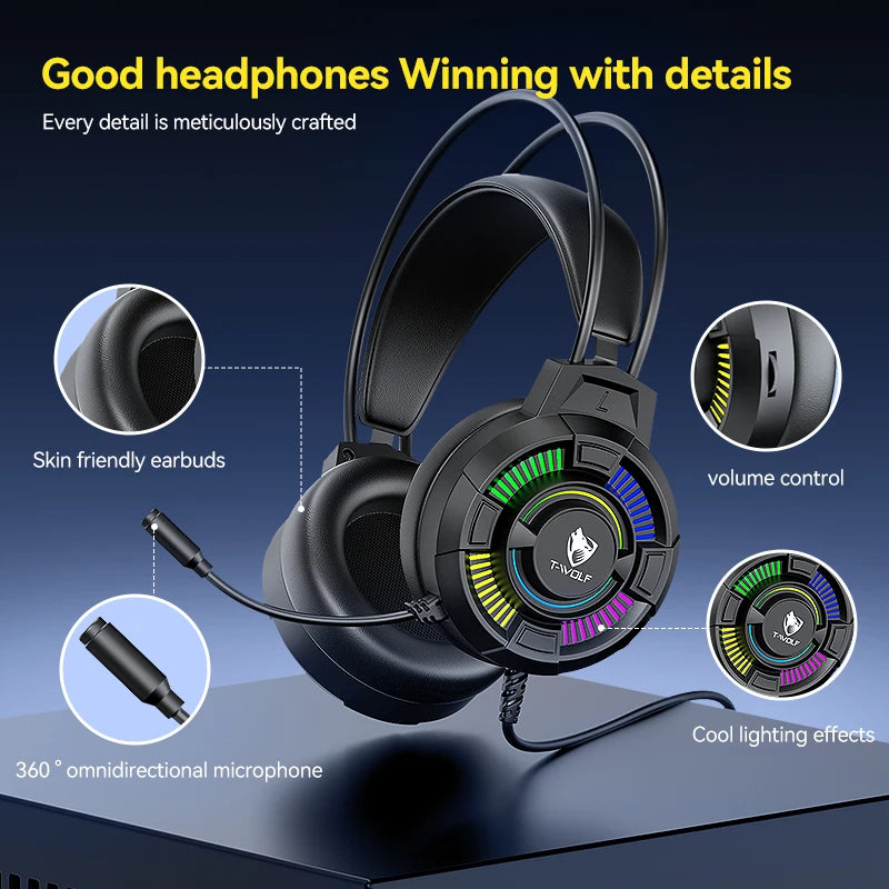 T-WOLF H140 Headphone&Earphone Wired Gaming Glowing on Ear Headphone 7.1 USB Headphone Lighting Headset for Desktop