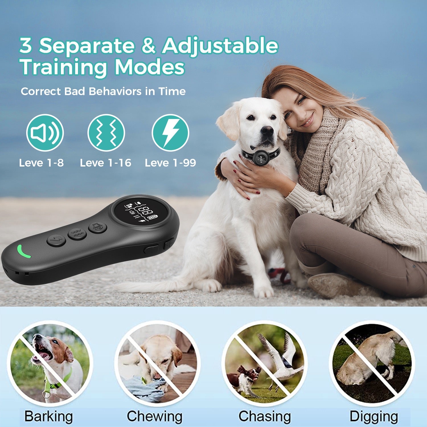 Smart Pet 3-in-1 Dog Training Device to Stop Barking, Rechargeable Long-Distance Remote Control Dog Training Device to Stop Barking
