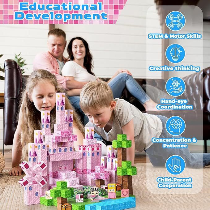ZH-010 view 2 - 100 PCS STEM Educational Magnetic Building Blocks - Pink Castle