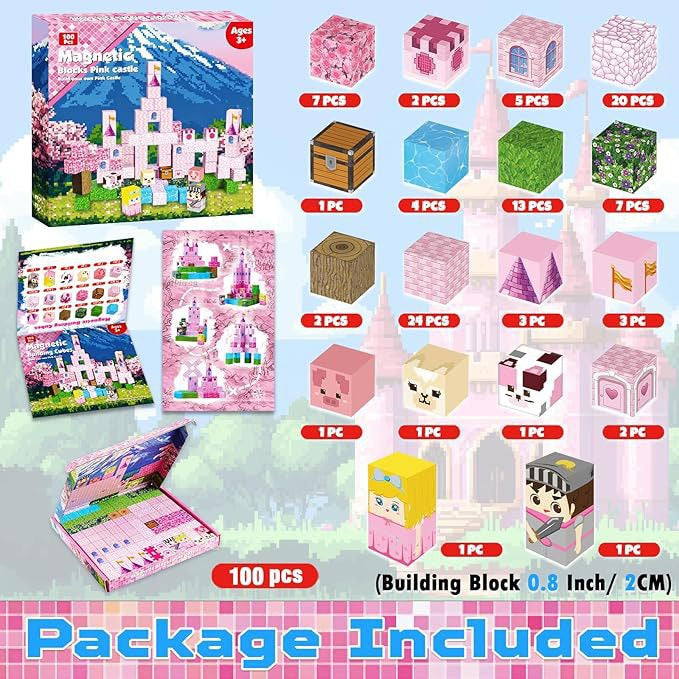 ZH-010 view 4 - 100 PCS STEM Educational Magnetic Building Blocks - Pink Castle