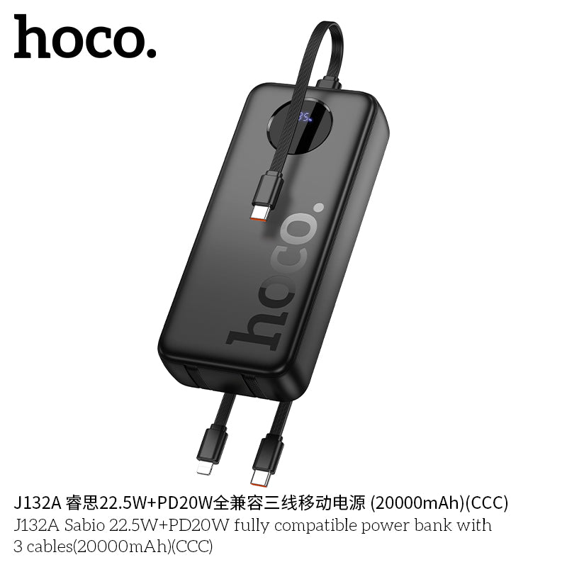 HD_SYNC:J132A Sabio 22.5W+PD20W fully compatible power bank with 3 cables(20000mAh)(CCC)