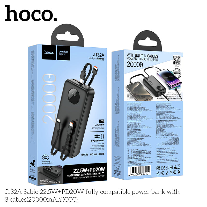 HD_SYNC:J132A Sabio 22.5W+PD20W fully compatible power bank with 3 cables(20000mAh)(CCC)
