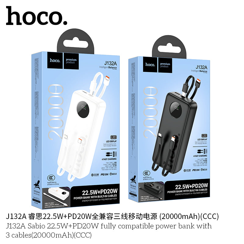 HD_SYNC:J132A Sabio 22.5W+PD20W fully compatible power bank with 3 cables(20000mAh)(CCC)