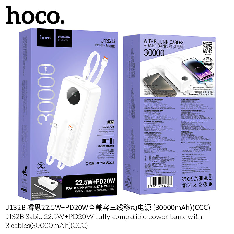 HD_SYNC:J132B Sabio 22.5W+PD20W fully compatible power bank with 3 cables(30000mAh)(CCC)