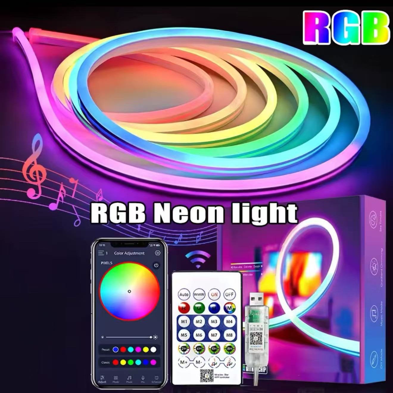 USB Neon Strip Light Waterproof RGBIC LED Tape Lamp 5M, Bluetooth Control