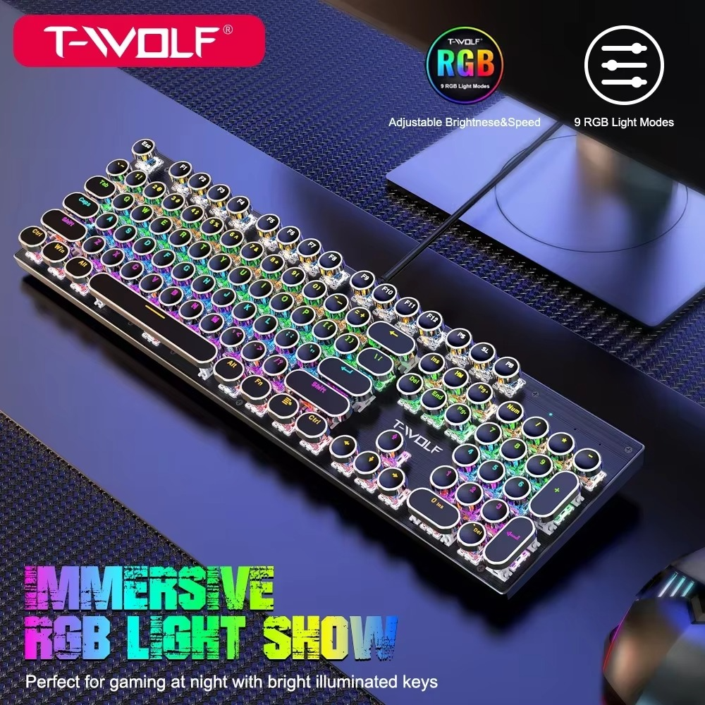 T-WOLF T75 104 Keys Adjustable RGB Light Computer Game Wired Mechanical Keyboard