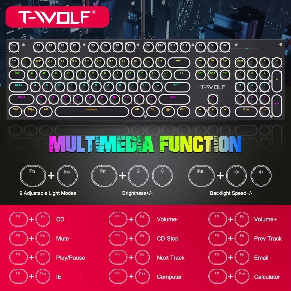 T-WOLF T75 104 Keys Adjustable RGB Light Computer Game Wired Mechanical Keyboard