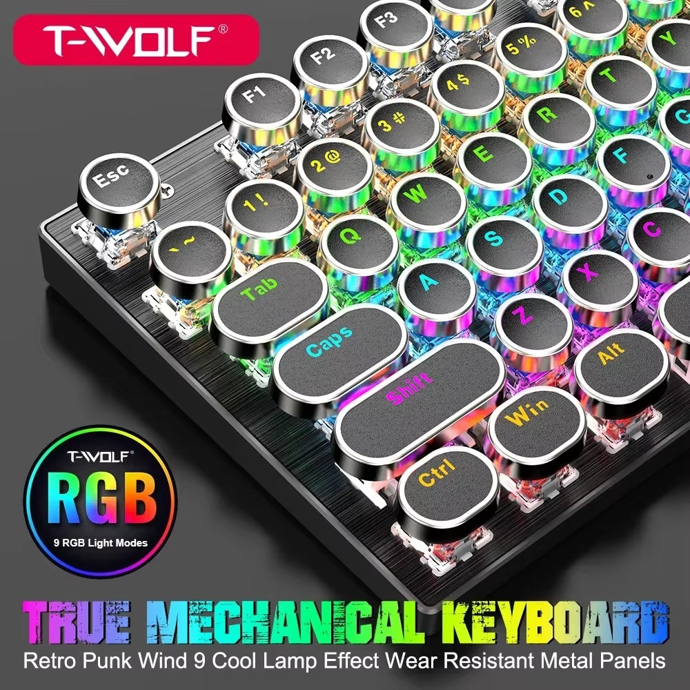 T-WOLF T75 104 Keys Adjustable RGB Light Computer Game Wired Mechanical Keyboard