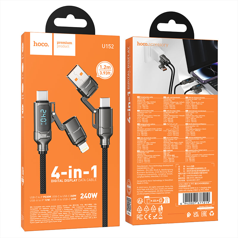 HD_SYNC:U152 Fortune 240W 4-in-1 charging data cable with display USB/C to iP/C