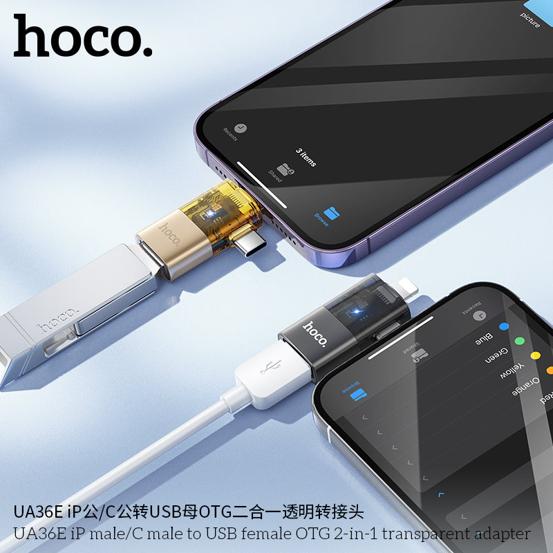 HD_SYNC:UA36E iP male/C male to USB female OTG 2-in-1 transparent adapter