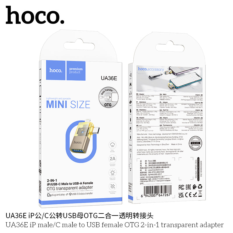 HD_SYNC:UA36E iP male/C male to USB female OTG 2-in-1 transparent adapter