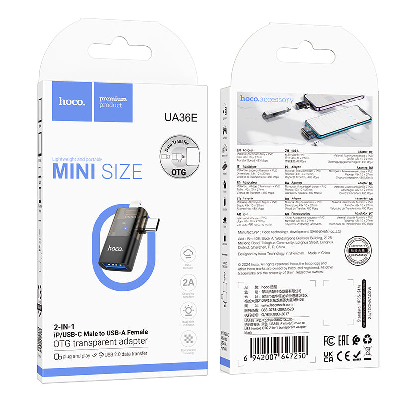 HD_SYNC:UA36E iP male/C male to USB female OTG 2-in-1 transparent adapter
