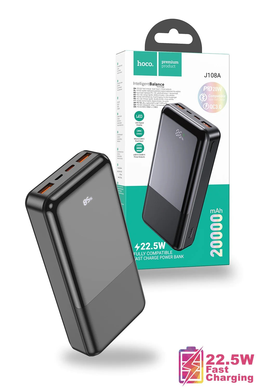 Hoco 22.5W 20000mAh Ultra-Thin Power Bank Triple Output J108A