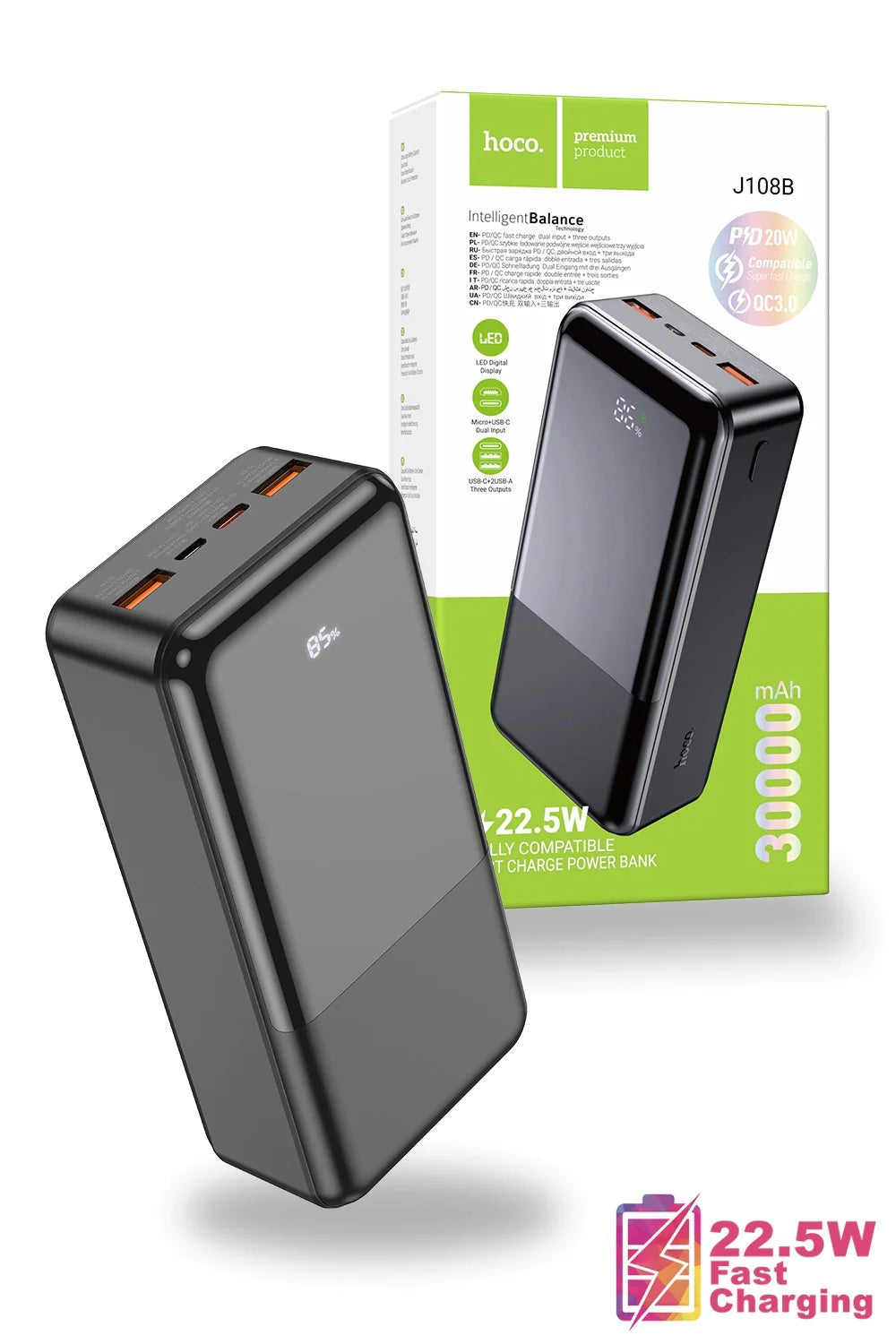 Hoco 22.5W 30000mAh Ultra-Thin Power Bank Triple Output J108B