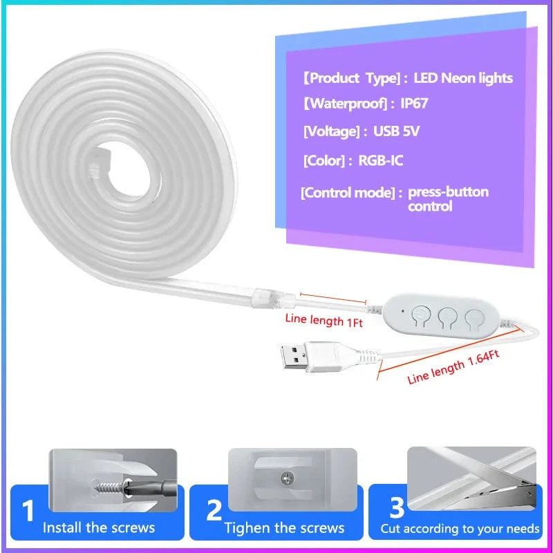 USB Neon Strip Light Waterproof RGBIC LED Tape Lamp 5M, Bluetooth Control