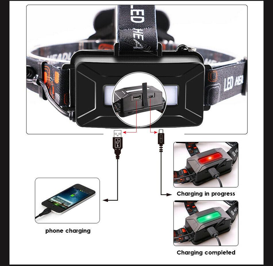 Headlight red COB LED Head Lamp USB Rechargeable Headtorch 7 light