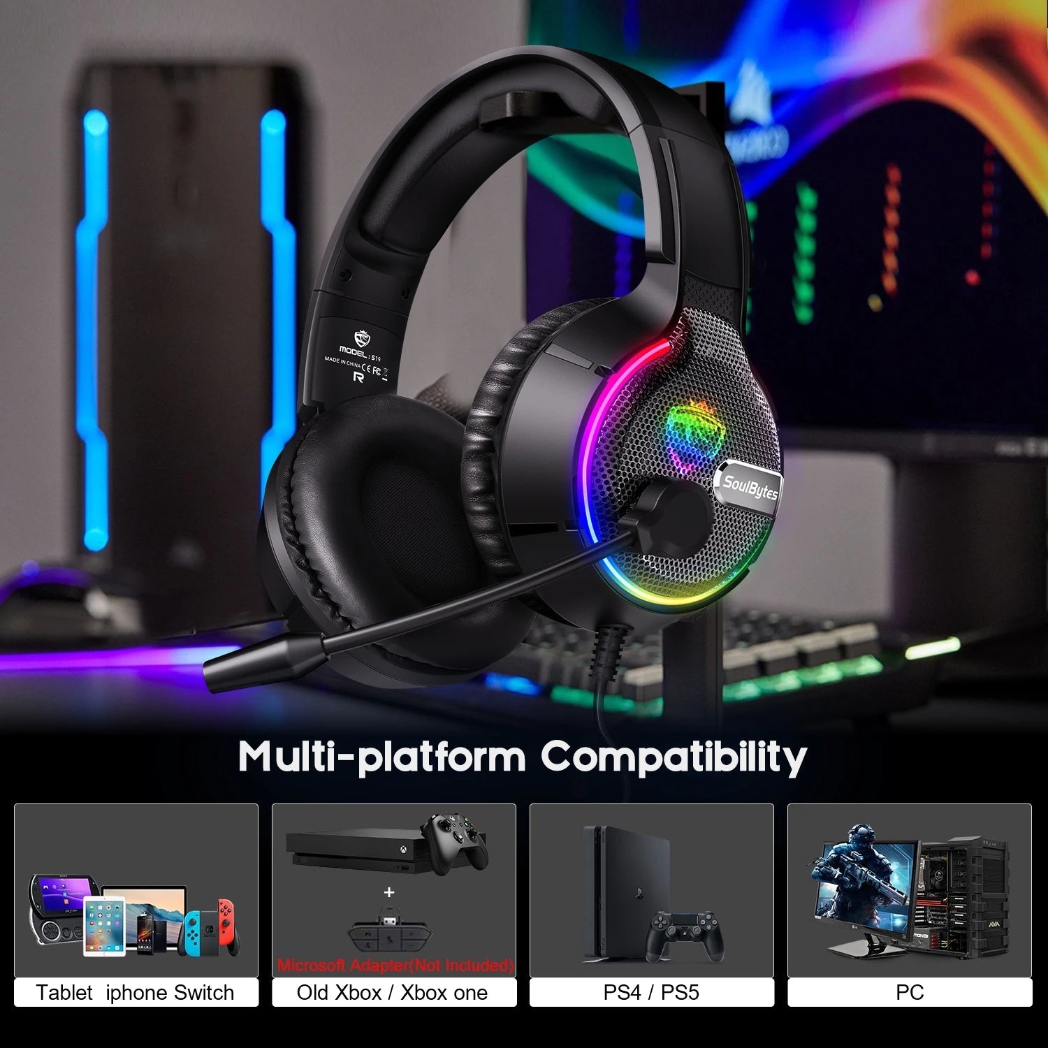 Soulbytes RGB LED Light Display Wintory  Gaming Headset For Ps4 ps5 Xbox PC Nintendo Switch
