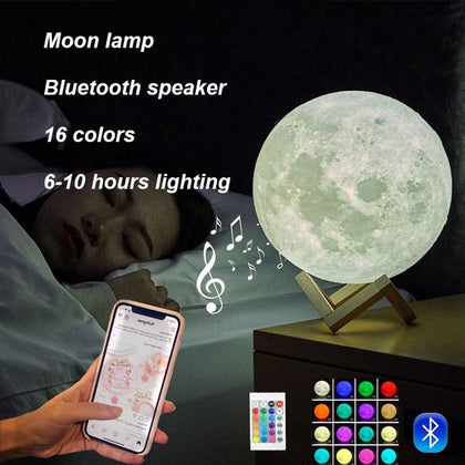Moon Lamp BT Wireless Speaker Night Light 3D Printed Large Lunar Lamp with Stand USB Cable