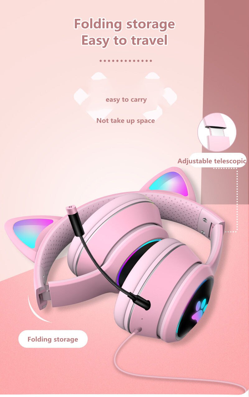 Wired Cat Ear Gaming Headset With Microphone Adult Kids