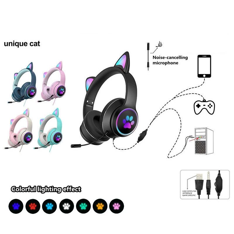 Wired Cat Ear Gaming Headset With Microphone Adult Kids