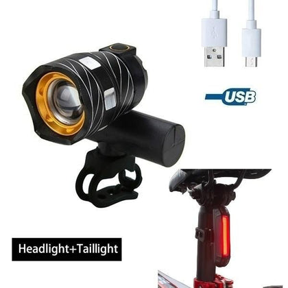 T6 LED Bicycle Light Bike Front Lamp Outdoor MTB Zoomable Torch Headlight USB Rechargeable Waterproof Bike Headlamp Taillight Set