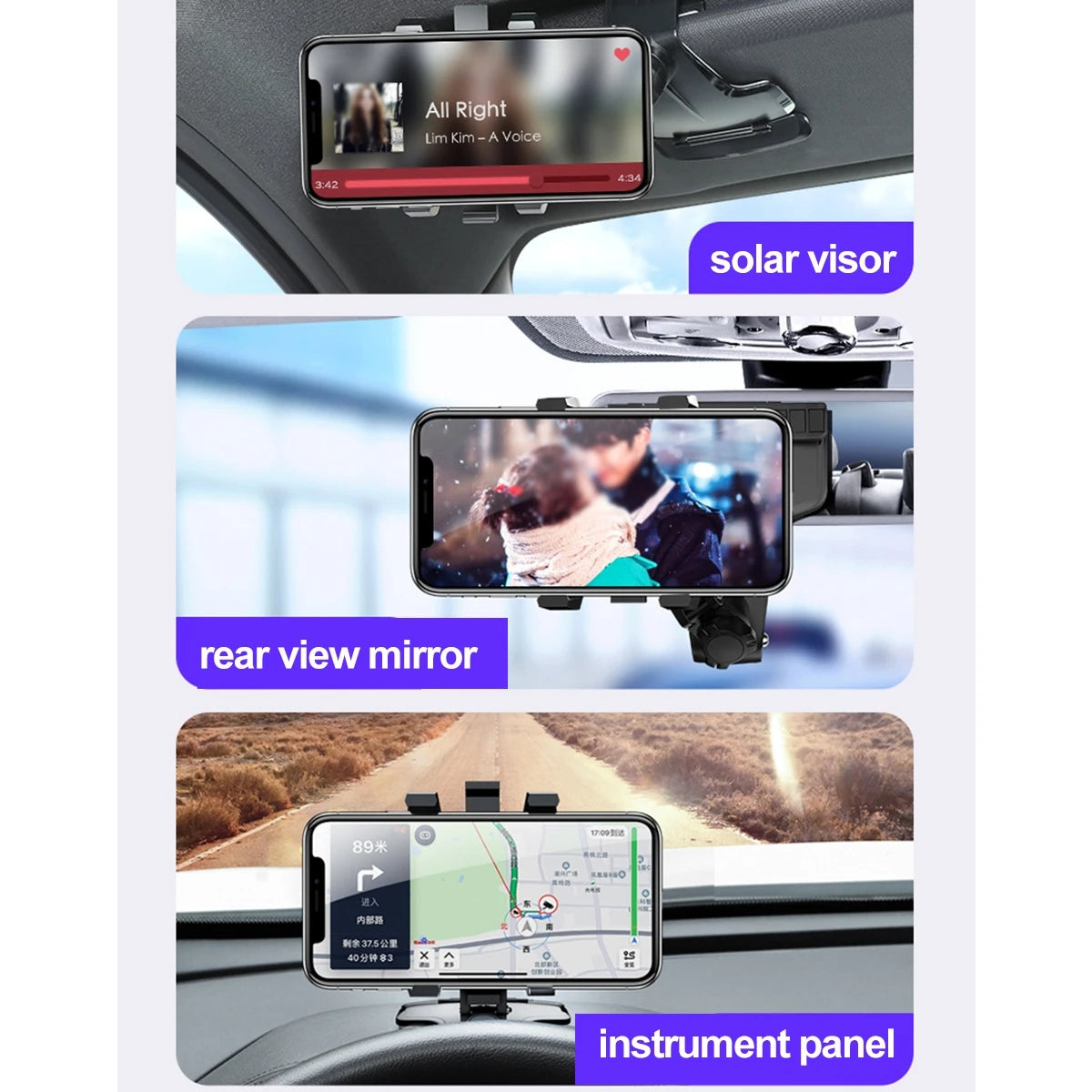360°Rotation Car Mobile Phone Holder Car Sun Visor Dashboard Phone Holder