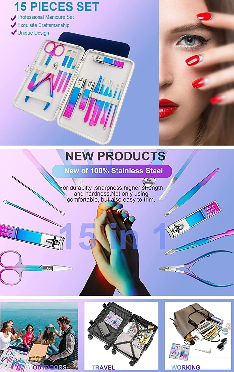 iCare Professional Nail Clipper Nail File Nail Cutter 15PCS Manicure Kit