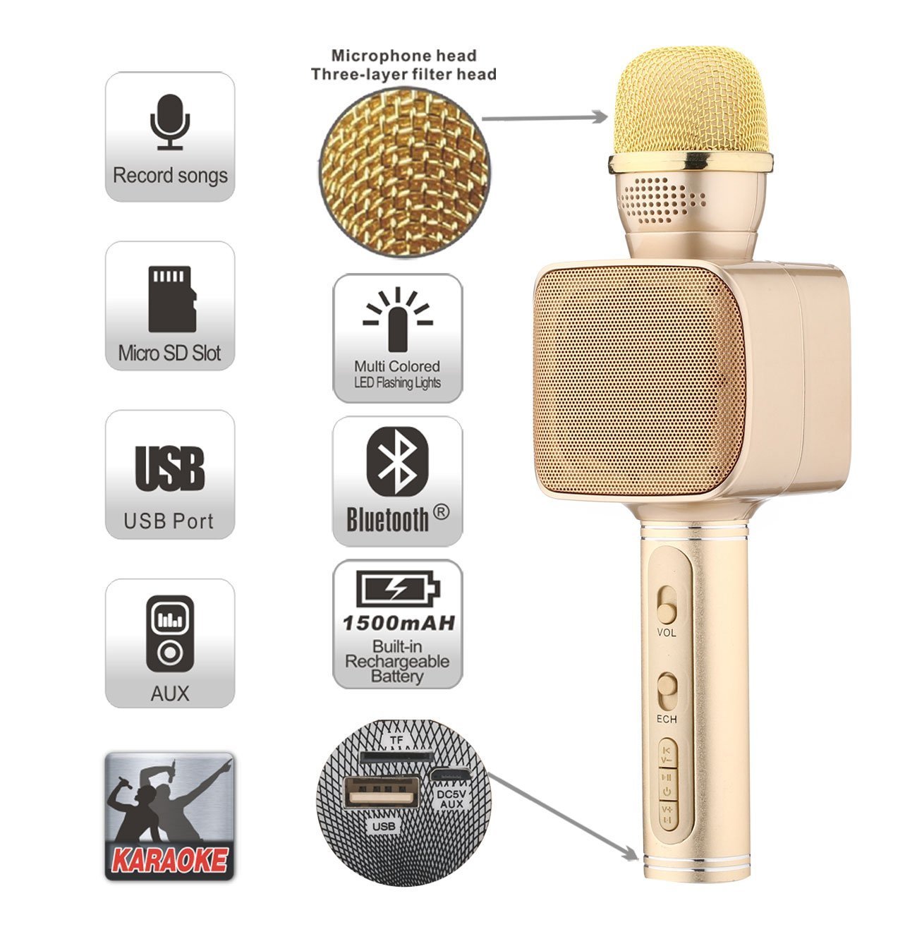 TEQ Microphone Speaker Bluetooth Karaoke For Phone Youtube TV RBG LIGHT