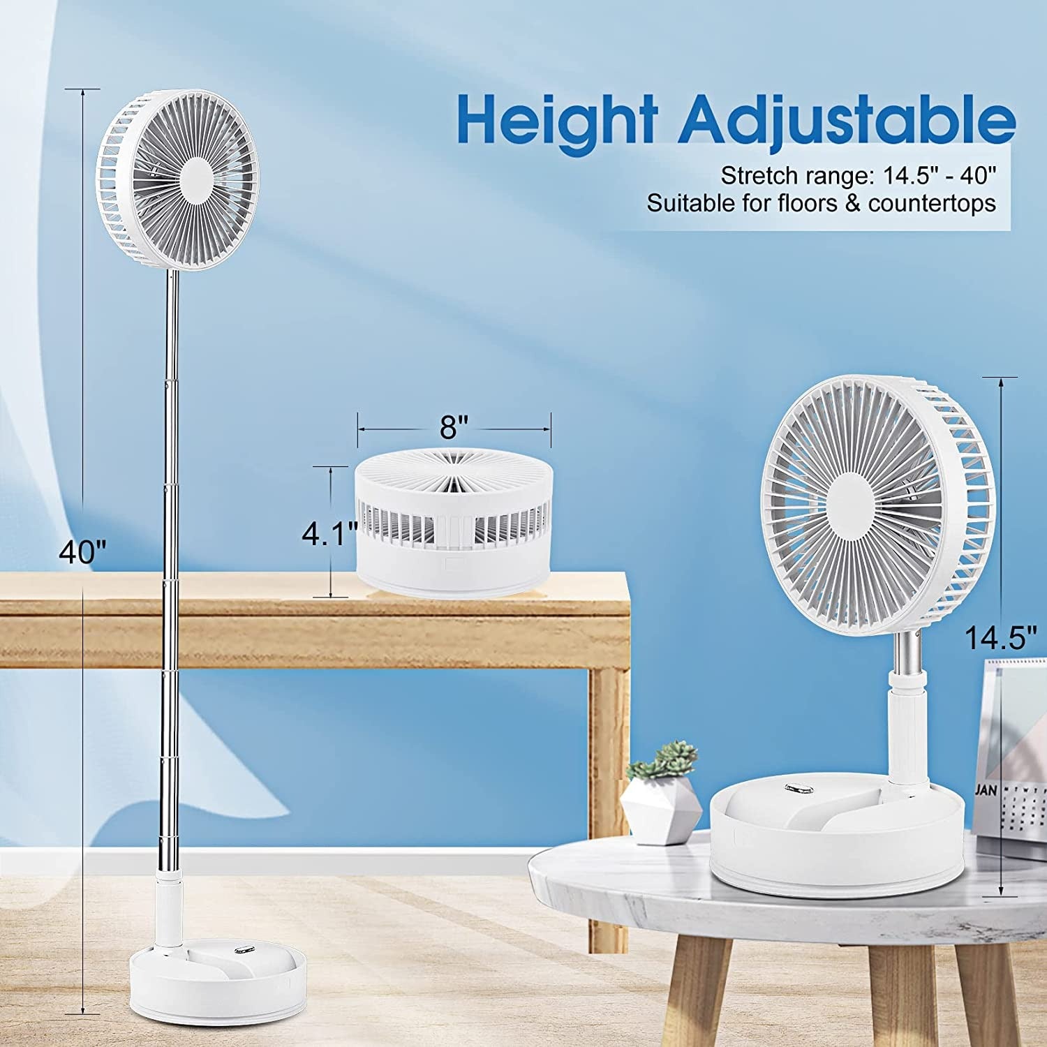 Folding Integrated Storage Fan Portable Retractable USB Charging Floor Fan