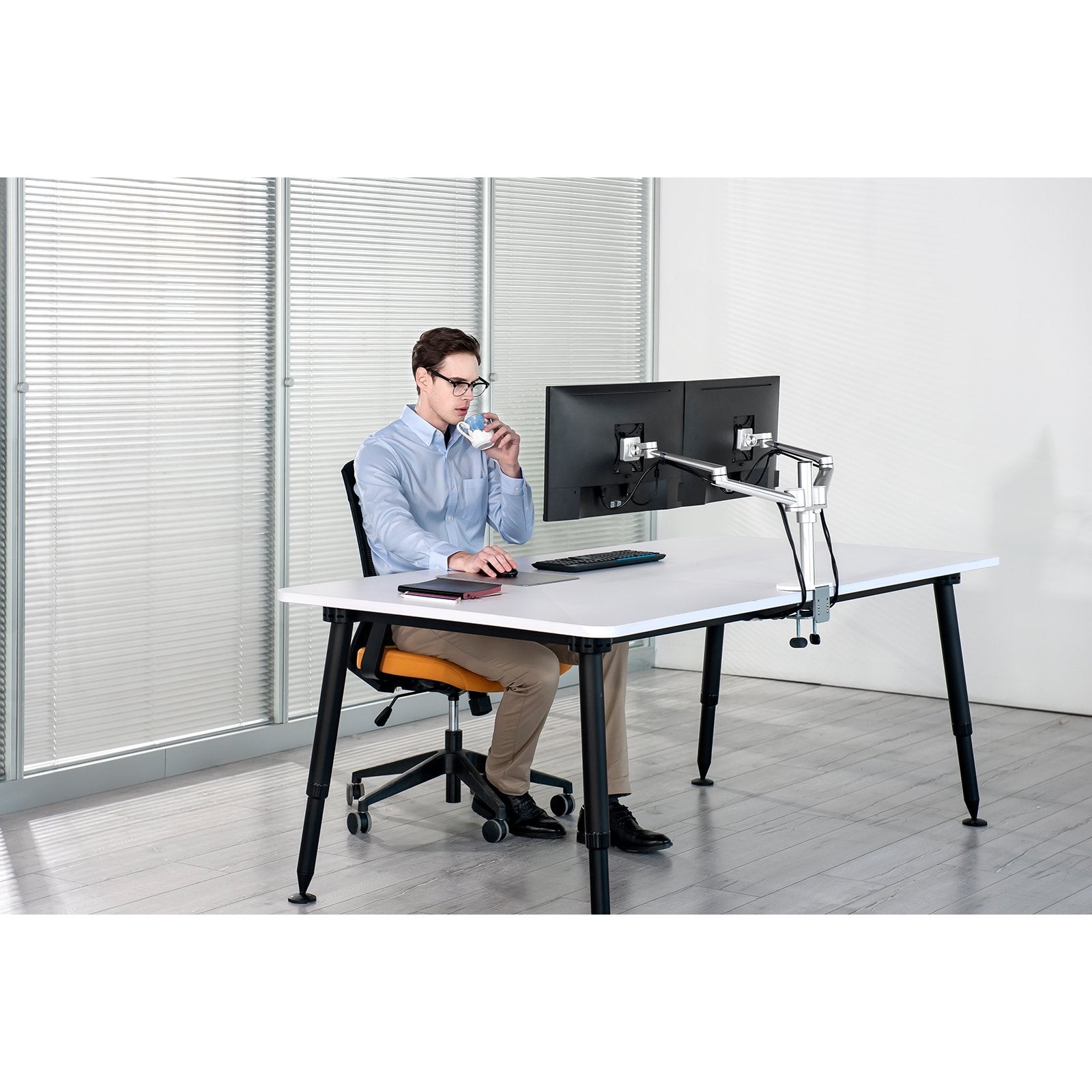 Aluminum 3 in 1 Height Adjustable Desktop Dual Arm 17-32 inch Monitor Holder+10-17 inch Laptop Stand +14 inch Tablet Mount
