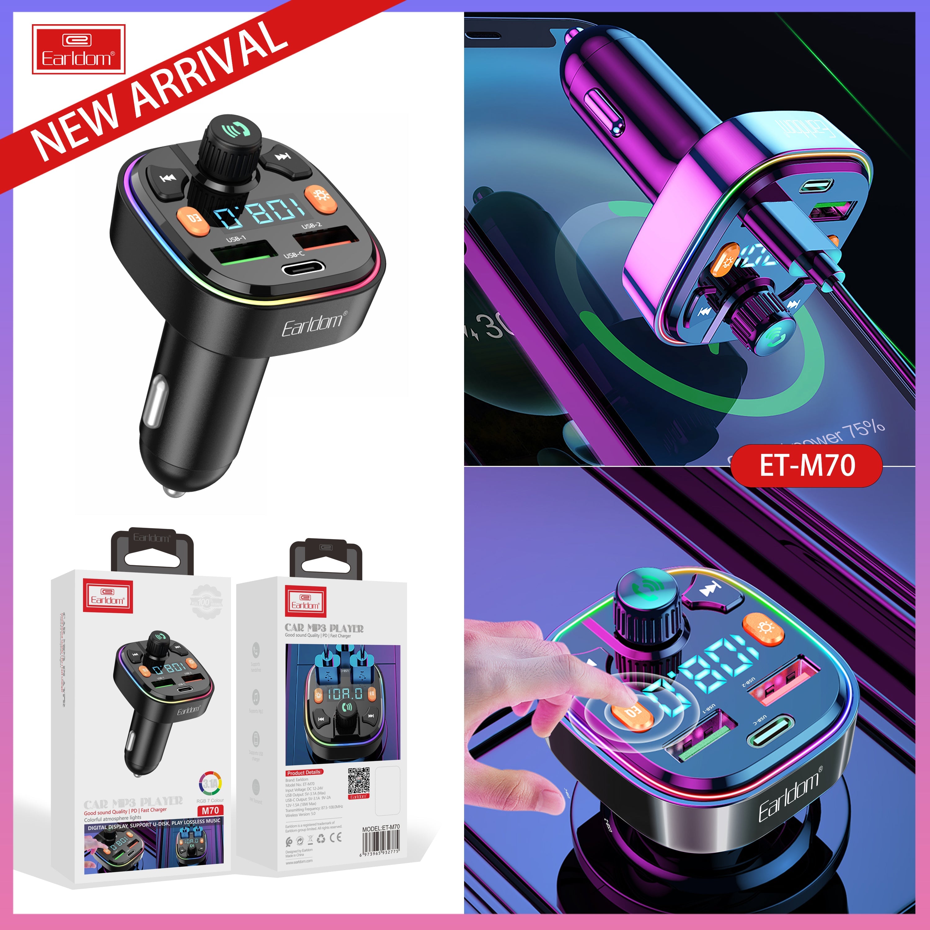ET-M70 FM Transmitter Bluetooth Car kit with Type C to C Charger