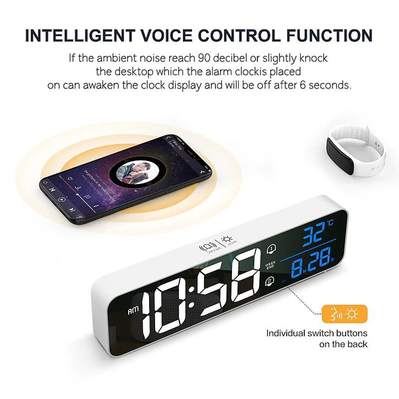 Big LED Digital Alarm Clock Temperature Date Display Desktop Clocks Voice Control