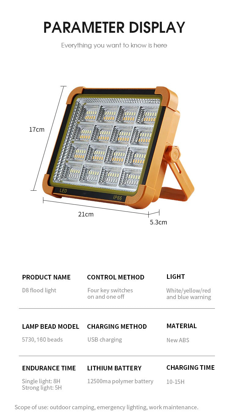Super bright 160LED Solar Work Light USB Rechargeable IP66 Camping