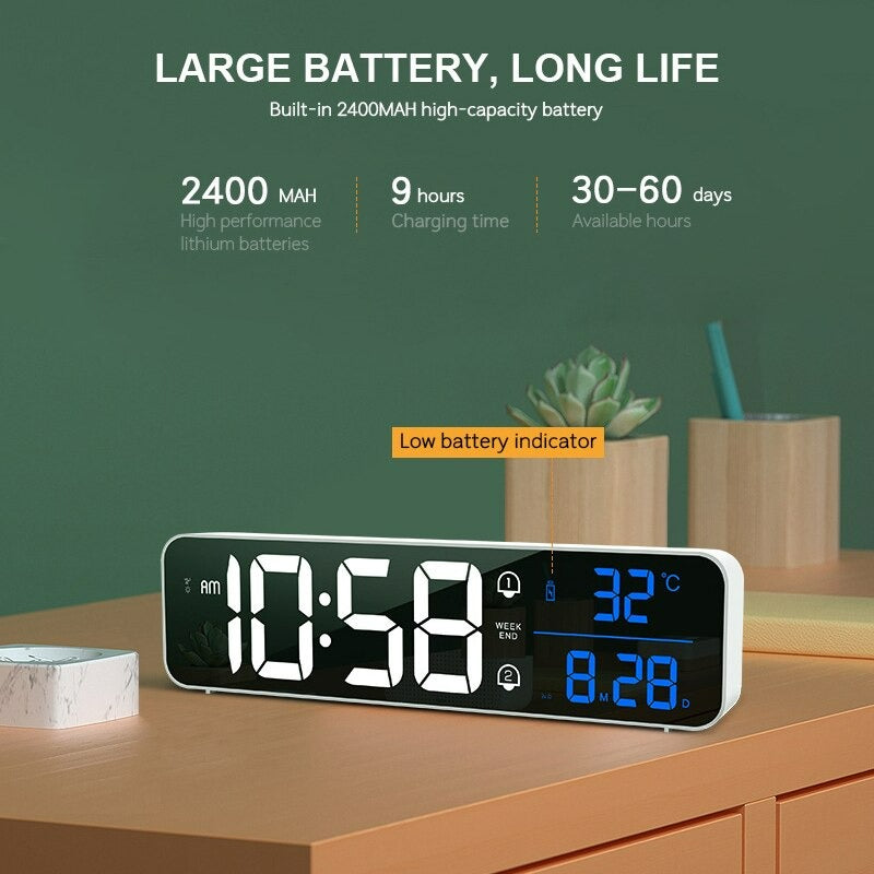 Big LED Digital Alarm Clock Temperature Date Display Desktop Clocks Voice Control