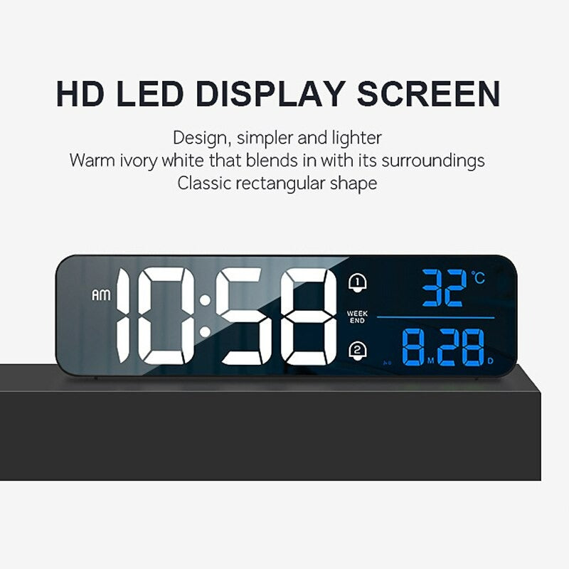 Big LED Digital Alarm Clock Temperature Date Display Desktop Clocks Voice Control