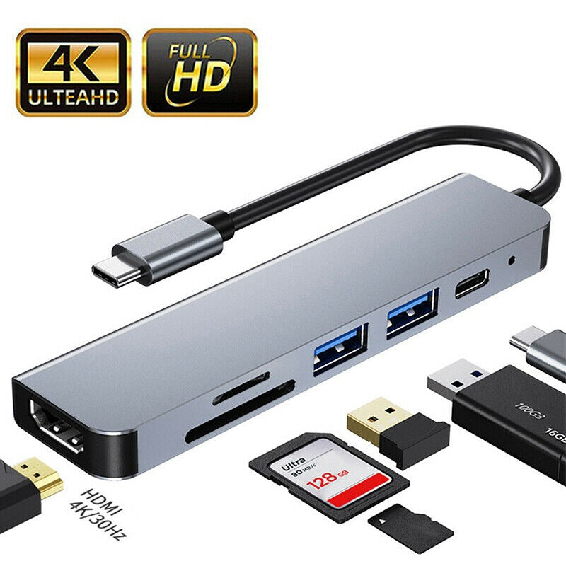 6 in 1 USB C Type C HD Output 4K HDMI USB 3.0 HUB Adapter For Air/Pro MacBook