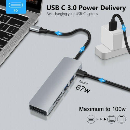 6 in 1 USB C Type C HD Output 4K HDMI USB 3.0 HUB Adapter For Air/Pro MacBook