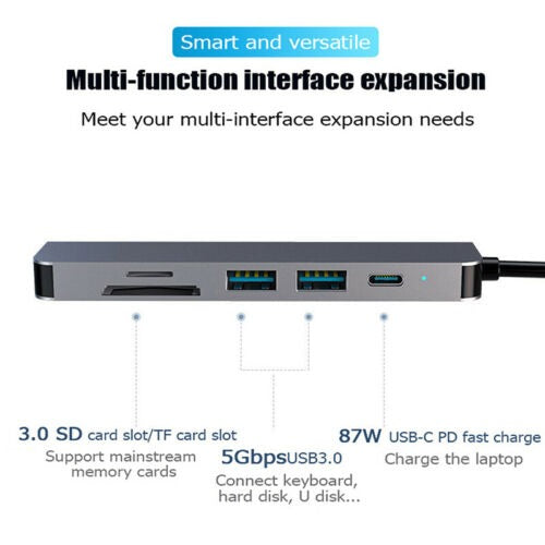 6 in 1 USB C Type C HD Output 4K HDMI USB 3.0 HUB Adapter For Air/Pro MacBook