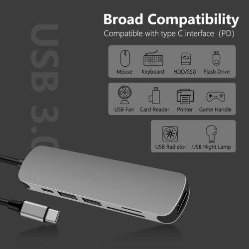 6 in 1 USB C Type C HD Output 4K HDMI USB 3.0 HUB Adapter For Air/Pro MacBook