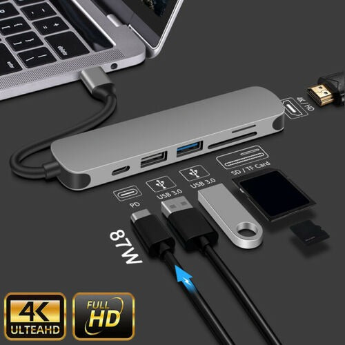 6 in 1 USB C Type C HD Output 4K HDMI USB 3.0 HUB Adapter For Air/Pro MacBook