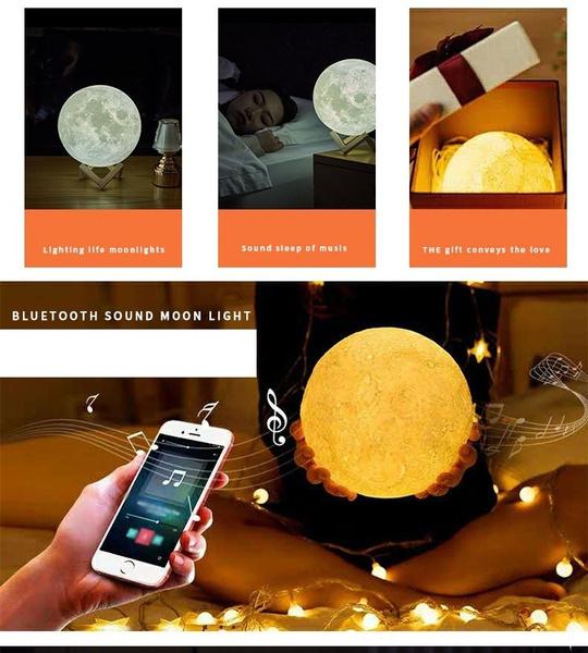 Moon Lamp BT Wireless Speaker Night Light 3D Printed Large Lunar Lamp with Stand USB Cable